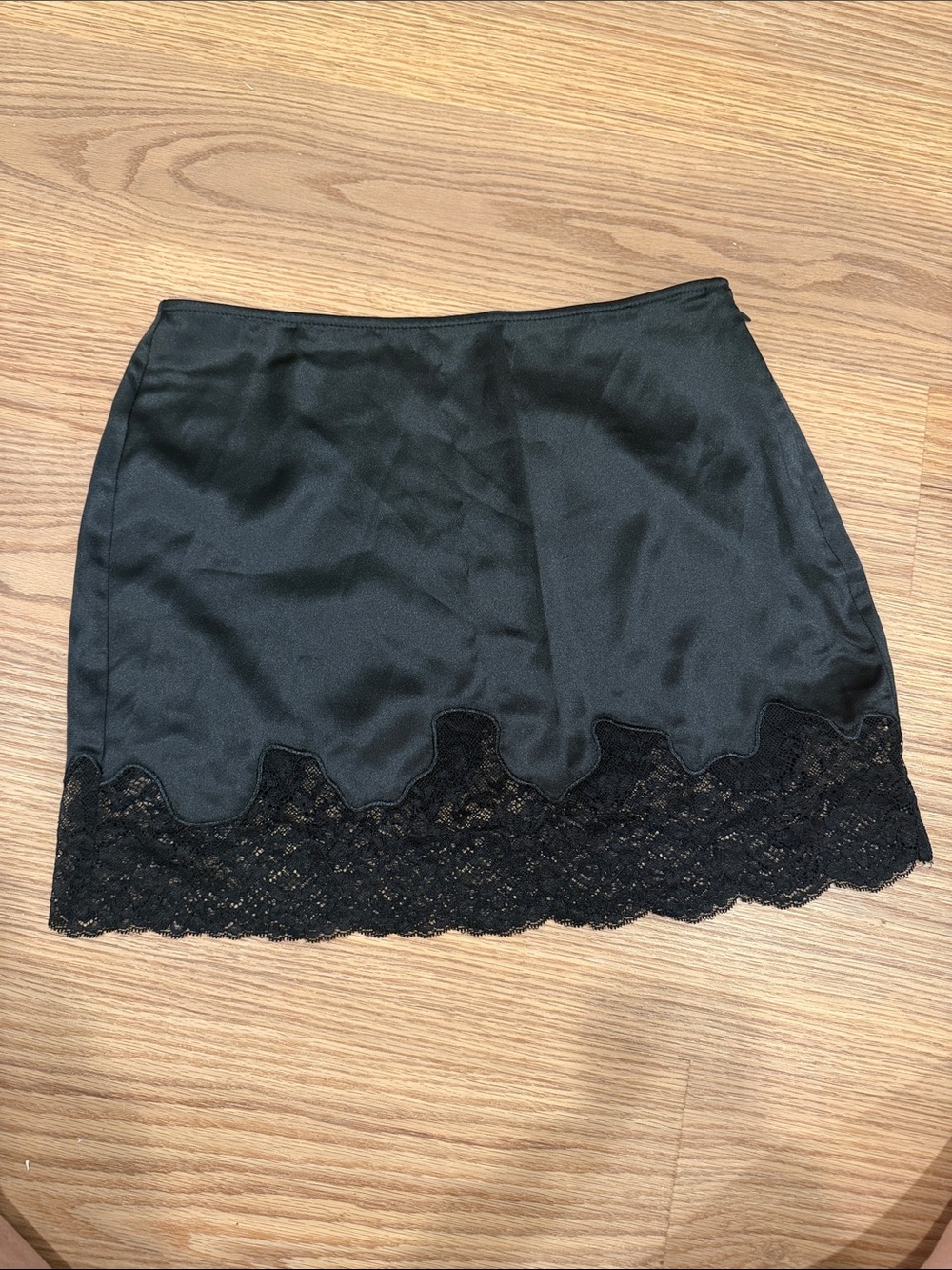 Commense Black Satin Mini Skirt with Lace Trim